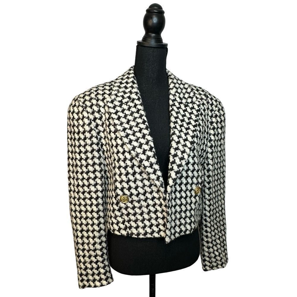MONDI Vintage Wool Houndstooth Black & White Cropped Blazer Size 42 EU